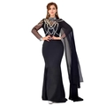Detail of elegant black slim evening dress with silver rhinestones and long mesh cape - S / Black