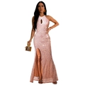 Abito da sera con paillettes rosa, scollo all'americana e spacco alto per occasioni - S / Rosa