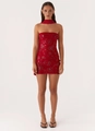 Elegant red tube mini dress with floral embroidery and sequins including neck wrap - Neck Warmer - Red