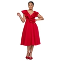 Close-up of elegant red V-neck dress featuring a detailed waist flower and ruffled sleeves - XL / Red