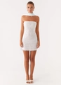 White strapless mini dress with floral embroidery and matching neck shawl set - White with Scarf