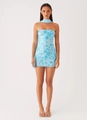 Light blue strapless mini dress with dark blue floral embroidery and matching scarf - Sky Blue with Scarf