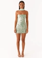 Light green tube mini dress with white floral embroidery and sequins including scarf - Green with Scarf