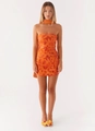 Orange bodycon strapless mini dress with floral embroidery and matching neck scarf - Orange with Scarf