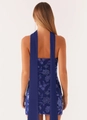 Deep blue sequin lace cocktail dress featuring a low back design with elegant long ribbons - Dark Blue with Scarf
