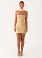 Light yellow strapless mini dress with golden floral embroidery and matching neck scarf - Yellow with Scarf