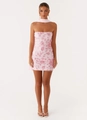 Pink strapless mini dress with 3D floral embroidery and sequins with neck scarf - Neck Warmer - Pink