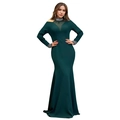Elegant dark green fitted evening gown with pearl beads and cold shoulder cut-outs - S / Dark Green