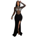Detail of sheer black mesh dress featuring shimmering silver rhinestones and high side slit - S / Black