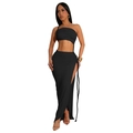 Detail of high side slit and decorative tassel fringe on this black two-piece maxi set - S / Black