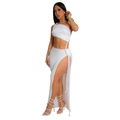 Detail of white two-piece set with one-shoulder top and side slit maxi skirt with rope tie - S / White