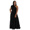 Detalle de vestido largo negro asimétrico con volantes escalonados y elegante diseño de cintura - S / Negro