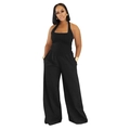 Close-up of black halter neck jumpsuit featuring wide-leg design and ribbed knit fabric - S / Black