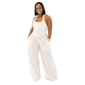 Detailed side view of white halter neck jumpsuit featuring convenient side pockets - S / White