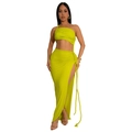 Neon green two-piece slimming set with one-shoulder crop top and side slit maxi skirt - S / Yellow