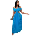 Detail of sky blue cutout maxi dress featuring pleated crossover neckline and draped mesh - S / Blue