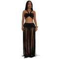 Details des eleganten schwarzen Zweiteilers mit Neckholder-Top und langem Fransenrock - S / Schwarz