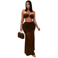 Close-up of the pleated mesh fabric detail on this sexy brown two-piece long dress set - S / Brown