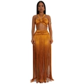 Detail van amber satijnen crop top en hoge taille maxi-rok met lange hangende franjes - S / Bronsgoud