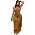 Vestito dorato metallizzato con scollo all'americana e dettagli a pieghe da sera - S / Oro