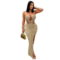 Sexy khaki halter knit maxi dress with intricate woven cutout details and side slit - S / Khaki