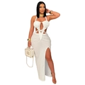Elegant white halter neck knitted maxi dress with side slit and waist cutout detail - S / White