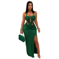 Deep green knit halter neck dress with 3D floral accent and sexy side slit design - S / Dark Green