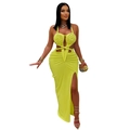 Neon green halter neck knitted maxi dress with cutout waist and high side split detail - S / Yellow