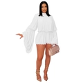 Elegant white pleated romper with dramatic lantern sleeves and high-neck design - S / White
