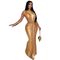 Elegante abito da sera metallizzato oro senza maniche con collo alto e spacco - S / Oro