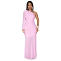 Detailed ruched texture and sheer mesh fabric on a pink one-shoulder formal evening dress - S / Pink