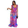 Close-up of ruffled shoulder straps and abstract floral print on an elegant maxi dress - S / Colorful Floral
