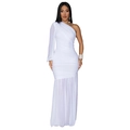 Macro shot of white one-shoulder mesh dress featuring pleated texture and fishtail hemline - S / White