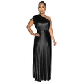 Detailed view of the pleated fabric texture and shimmering finish on the black one-shoulder dress - Black