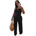 Women's chic black ribbed two-piece set with a halter button vest and wide-leg trousers - S / Black