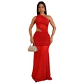 Front view of a sexy red one-shoulder dress with side waist cutout and floor-length hem - XL / Red