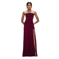 Detail of wine red maxi dress featuring gold chain straps and eyelet slit detail - S / Burgundy