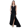 Detail of elegant black halter neck dress featuring ruched waist and high side slit - Black