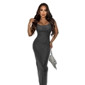 Close-up of sparkling silver rhinestones on a sexy black backless bodycon mesh dress - S / Black
