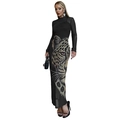 Detail of sheer mesh dress with leopard print and sparkling rhinestones for women - S / C7519-Black