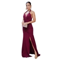 Detail of burgundy halter dress with waist pleats, side slit, and gold ring accents - 2XL / Burgundy