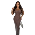 Detail of sequined mesh fabric and sparkling rhinestone pattern on brown bodycon dress - S / Brown