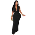 Detail of elegant black sleeveless evening dress with deep cowl V-neck and ruched waist - S / Black