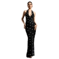 Close-up of elegant black halter neck dress with intricate 3D floral rhinestone embellishments - S / Black