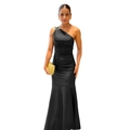 Detail of elegant black satin one-shoulder fishtail dress with silver metallic buckle - S / Black