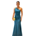 Detail of teal satin one-shoulder dress with waist ruching and metal buckle decoration - 2XL / Teal