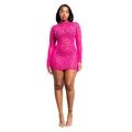 Close-up of hot pink mesh bodycon dress with sparkling rhinestones and high neckline - S / Rose Red