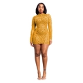 Detail of sheer gold mesh mini dress with sparkling rhinestones and high neck - S / Gold Yellow