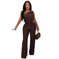 Detail of dark brown one-shoulder jumpsuit with pleated waist and wide-leg cut - S / Brown