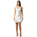 Dettaglio mini abito bianco con scollo a quadrato, paillettes argento e orlo floreale 3D - S / Bianco